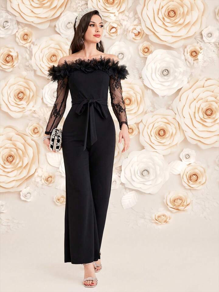 CM-JS463843 Women Elegant Seoul Style Lace Spliced One Shoulder Long Sleeve Jumpsuit - Black