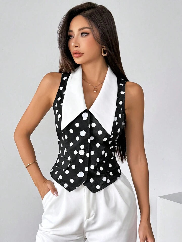 sz2405283825280022CM-TS280022 Women Casual Seoul Style Peter Pan Collar Sleeveless Polka Dot Satin Blouse