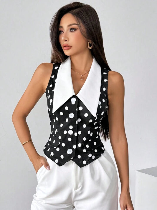 sz2405283825280022CM-TS280022 Women Casual Seoul Style Peter Pan Collar Sleeveless Polka Dot Satin Blouse