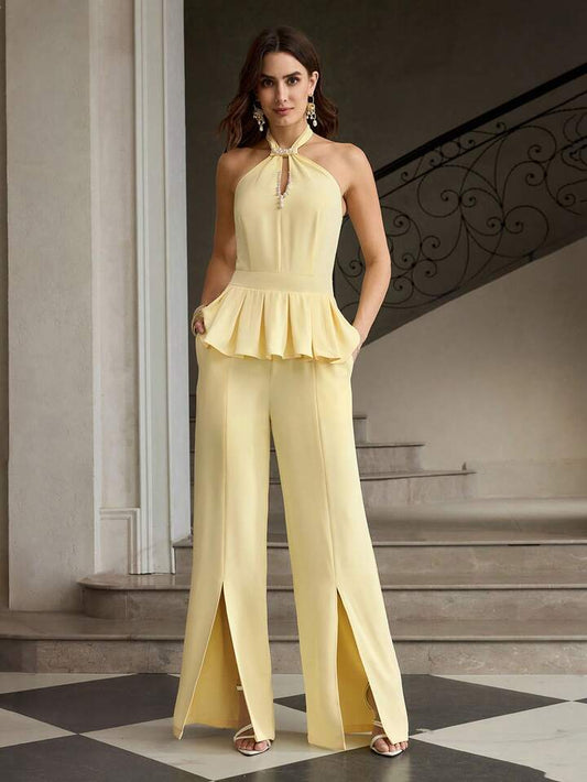 CM-JS319891 Women Elegant Seoul Style Beaded Halter Neckline Sleeveless Wide Leg Jumpsuit - Light Yellow
