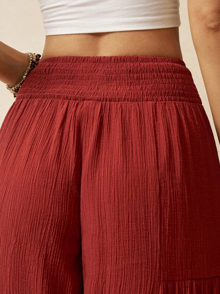 CM-BS131063 Women Trendy Bohemian Style Solid Color Drop Waist A-Line Pants - Burgundy