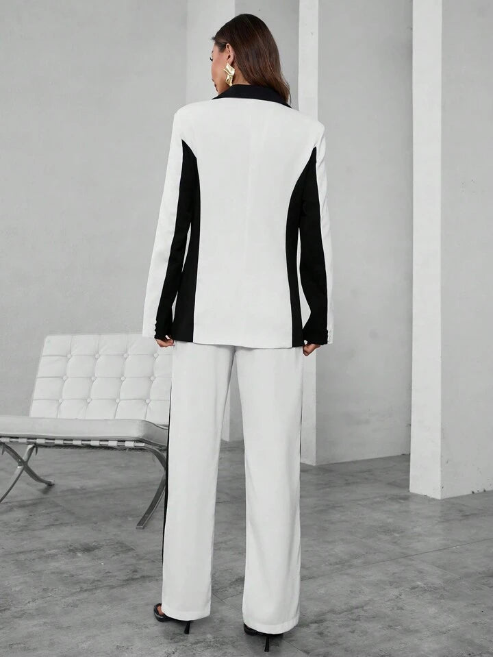CM-SS225543 Women Elegant Seoul Style Contrast Color Lapel Neckline Long Sleeve Blazer With Suit Pants - Set