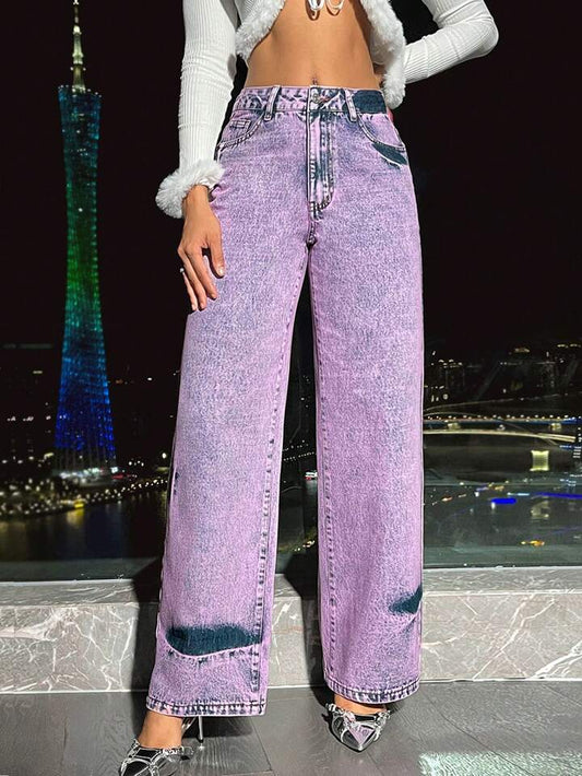 CM-BS903301 Women Casual Seoul Style Zipper Fly Straight Leg Jeans - Mauve Purple