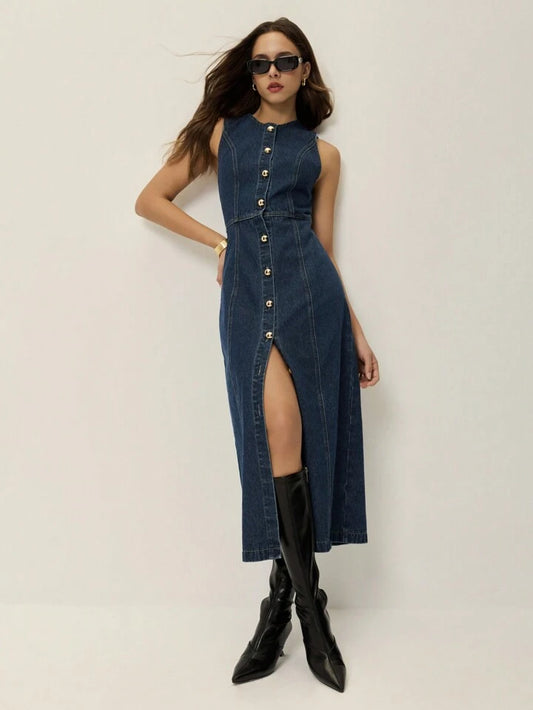 CM-BS846973 Women Casual Seoul Style Round Neck Front Button Sleeveless Midi Denim Dress