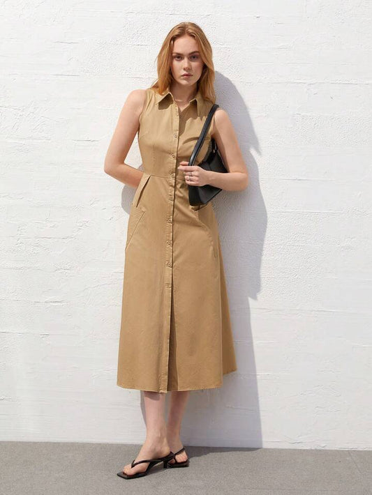 CM-DS774215 Women Casual Seoul Style Collar Neckline Sleeveless Shirt Dress - Khaki