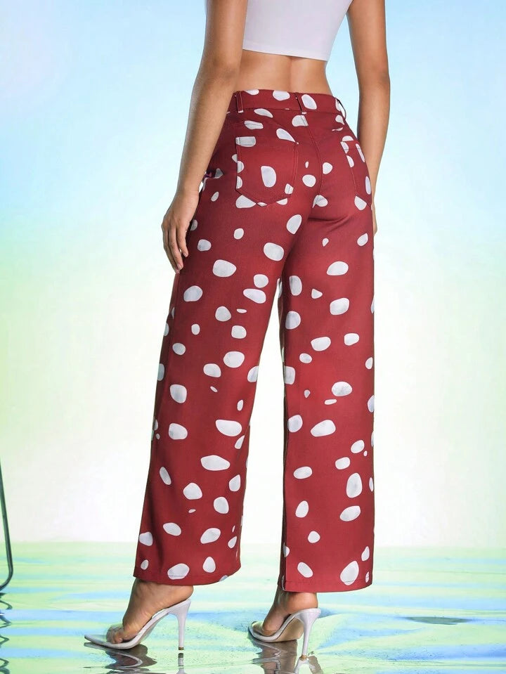 CM-BS490737 Women Casual Seoul Style Drop Waist Polka Dot Print Wide Leg Pants - Red