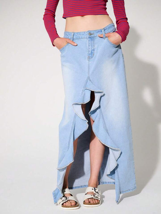 CM-BS091661 Women Casual Seoul Style Ultra Low Waist Ruffled Slit Stretch Denim Maxi Skirt - Blue