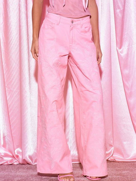 CM-BS783976 Women Elegant Seoul Style Drop Waist Embroidery Contrast Stitch Jeans - Pink