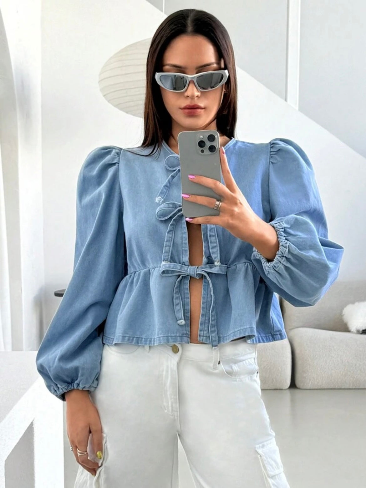 CM-TS323902 Women Casual Seoul Style Front Tie Ruffle Detail Long Sleeve Denim Blouse