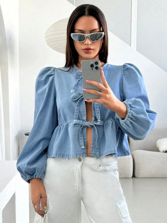CM-TS323902 Women Casual Seoul Style Front Tie Ruffle Detail Long Sleeve Denim Blouse