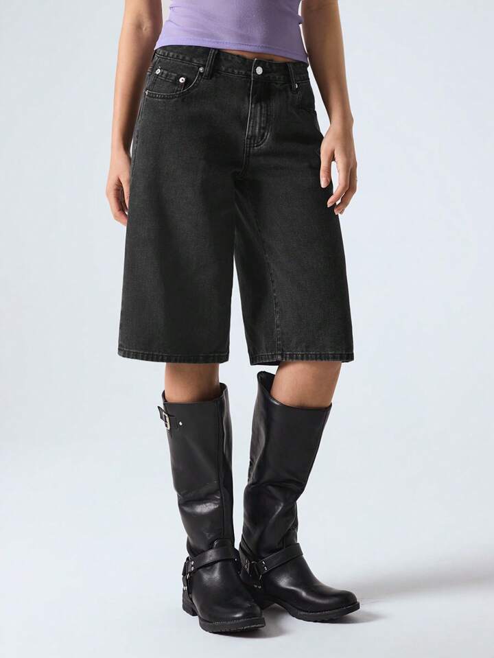 CM-BS668271 Women Casual Seoul Style Drop Waist Loose Denim Shorts - Black