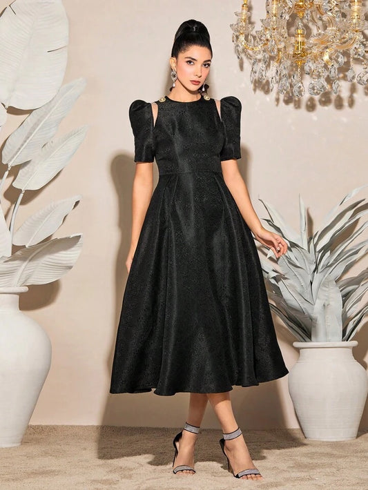 CM-DS225679 Women Elegant Seoul Style Round Neck Solid Puff Sleeve A-Line Dress - Black