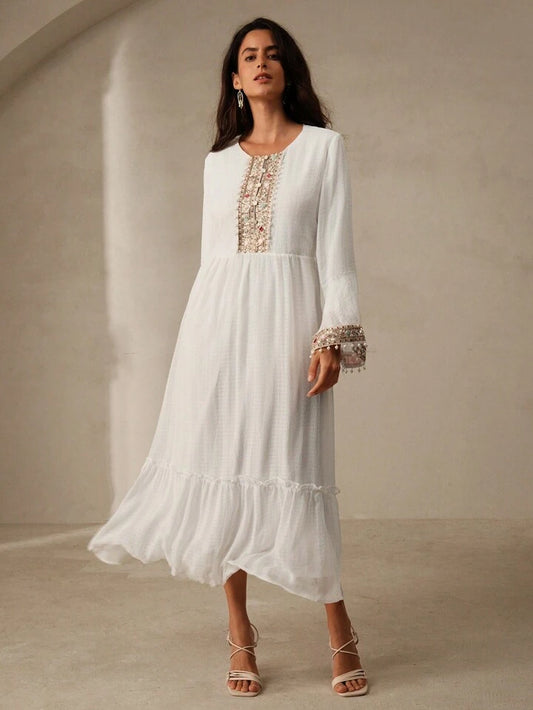 CM-DS694836 Women Trendy Bohemian Style Tie Neck Embroidered Beaded A-Line Dress - White