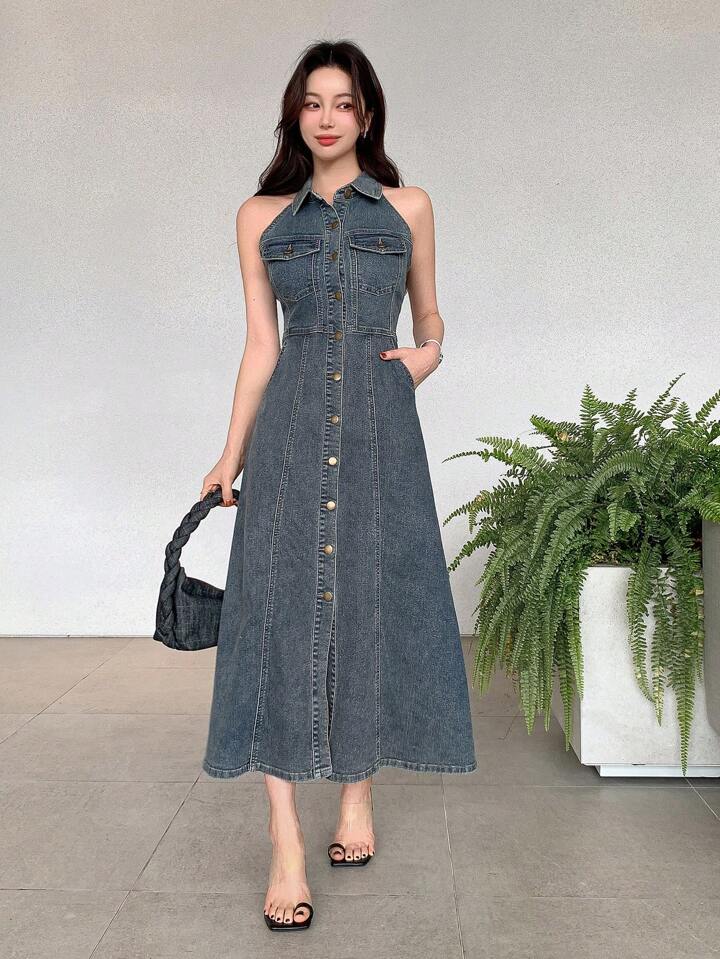 CM-DS142910 Women Casual Seoul Style Collar Neckline Sleeveless Single Breasted Denim Dress