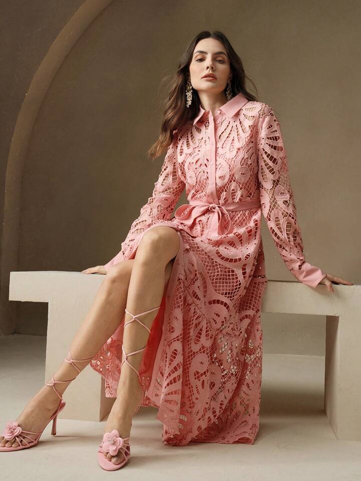 CM-DS992937 Women Elegant Seoul Style Solid Color Lace Embroidered Button-Up Empire Waist Dress