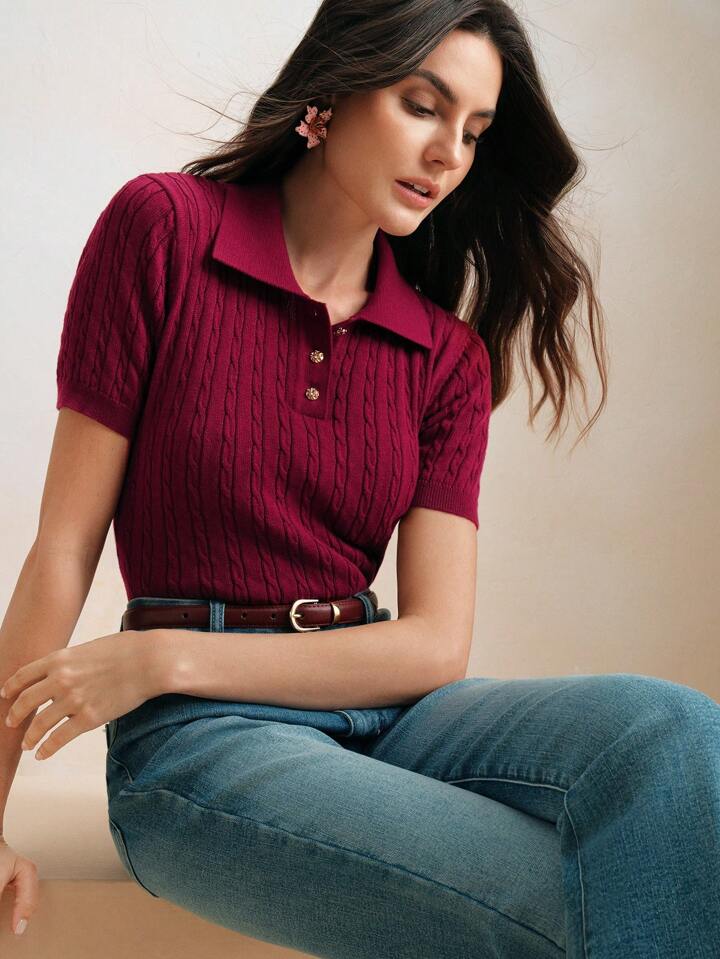 CM-TS647963 Women Casual Seoul Style Polo Collar Short Sleeve Cable Knit Solid Color Top - Burgundy
