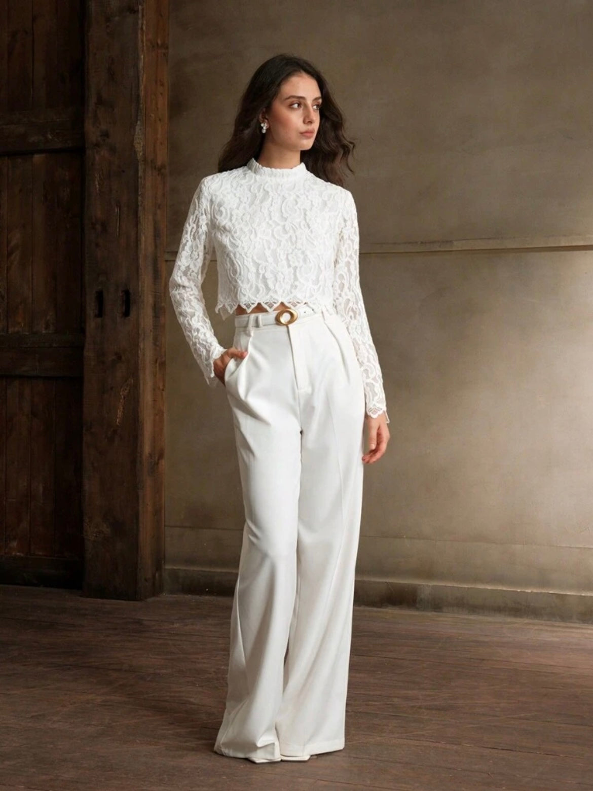 CM-TS170821 Women Elegant Seoul Style Lace Stand Collar Long Sleeve High Waist Chic Top - White