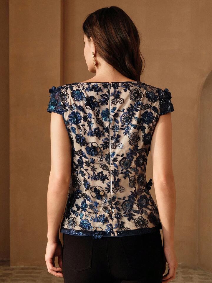 CM-TS935017 Women Elegant Seoul Style Round Neck Cap Sleeve Embroidered Floral Beaded Blouse - Navy Blue