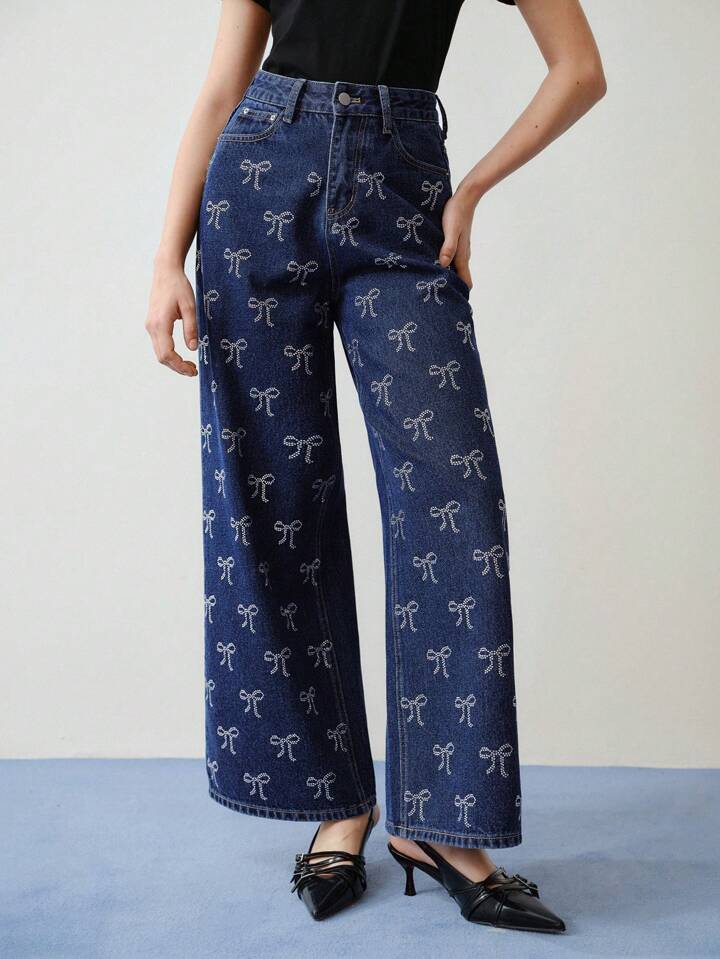 CM-BS221303 Women Elegant Seoul Style Bow All Over Print Wide Leg Jeans - Blue