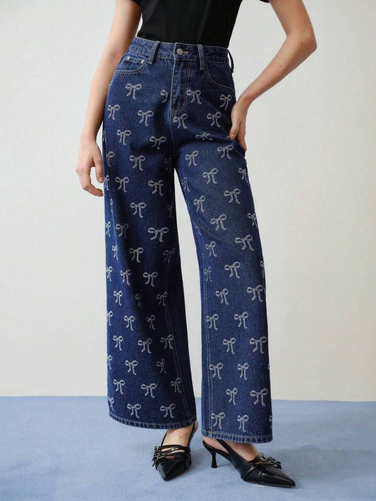 CM-BS221303 Women Elegant Seoul Style Bow All Over Print Wide Leg Jeans - Blue