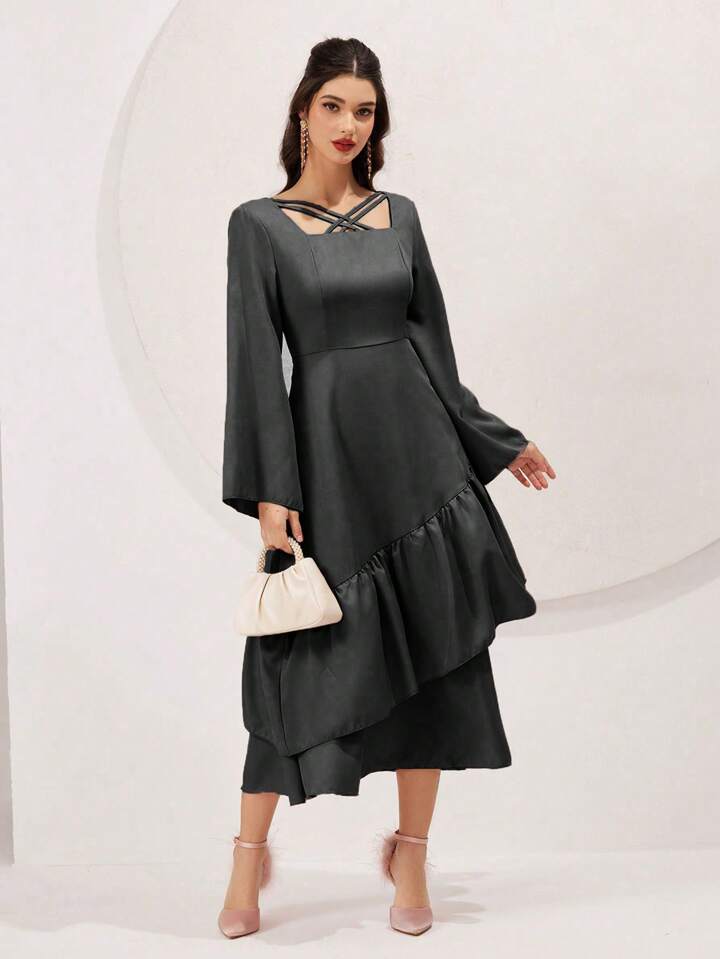CM-DS166556 Women Elegant Seoul Style V-Neck Bell Sleeve Ruffle Hem A-Line Dress - Black