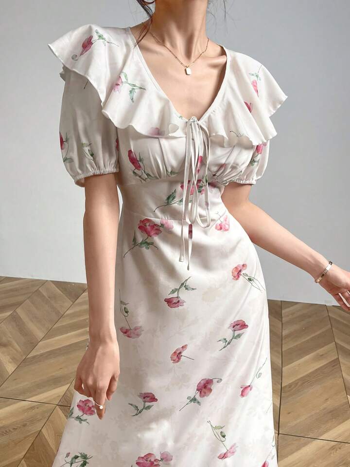 CM-DS767606 Women Casual Seoul Style V-Neck Puff Sleeve Ruffle Hem Floral Print Dress