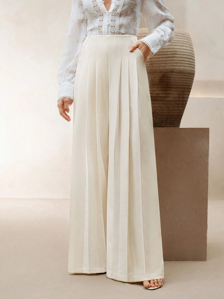 CM-BS395326 Women Elegant Seoul Style Solid Color Slimming Double Pleated Wide Leg Pants - Apricot