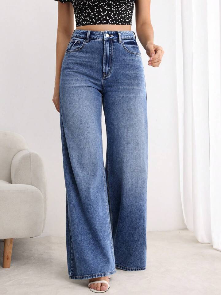 CM-BS966802 Women Elegant Seoul Style Medium Wash Button Front Pocket Loose Wide Leg Jeans