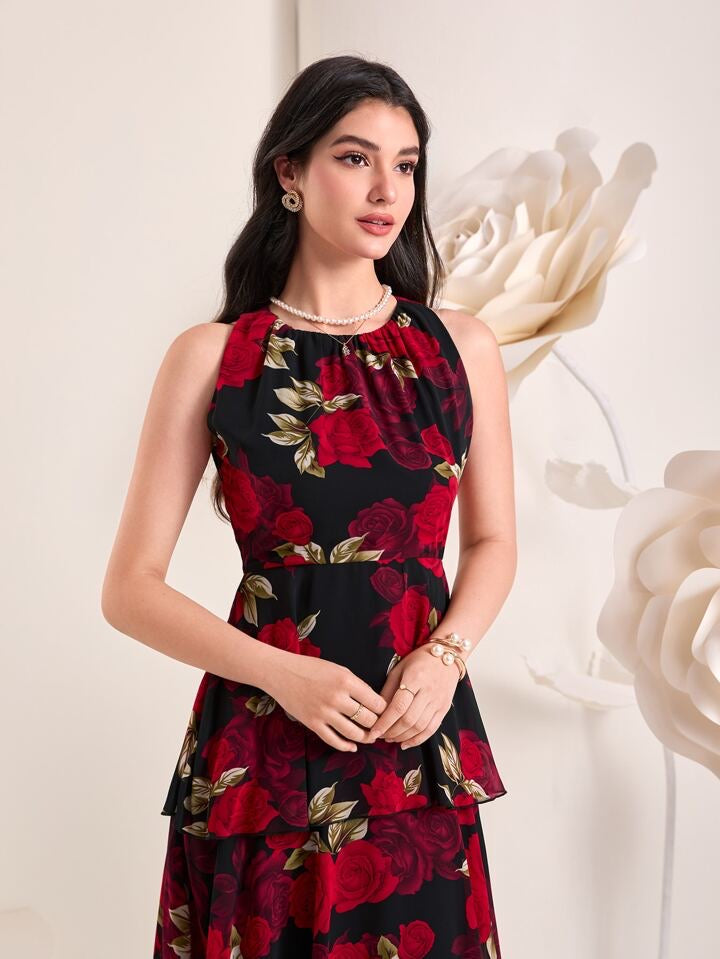 CM-DS928568 Women Casual Seoul Style Floral Print Sleeveless Ruffle Hem Dress