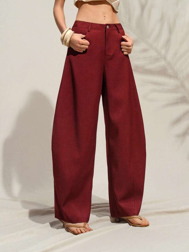 CM-BS980898 Women Casual Seoul Style Belted Flared Wide Leg Pants - Burgundy