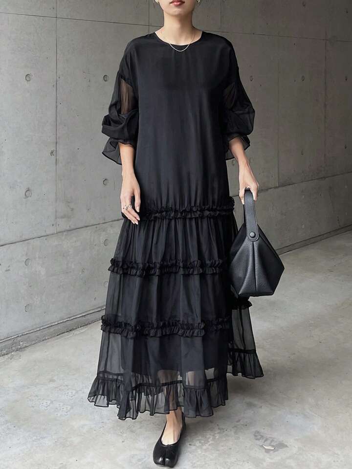CM-DS872665 Women Casual Seoul Style Round Neck Mesh-Sheer Panel Ruffle Hem Loose Fit Long Dress - Black