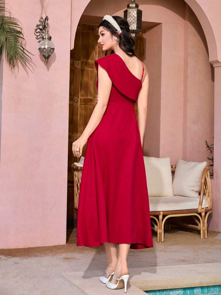 CM-DS313281 Women Elegant Seoul Style Asymmetrical Neckline Sleeveless Dress - Red