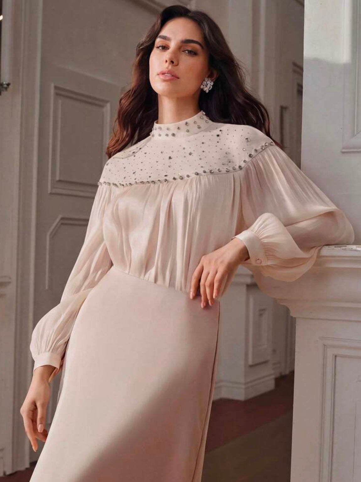 CM-TS800028 Women Elegant Seoul Style Rhinestone Embellished Mesh Patchwork Long Sleeve Glossy Loose Fit Top - Apricot
