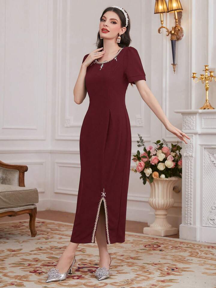 CM-DS510354 Women Elegant Seoul Style Rhinestone Stud Embellished Split Hem Maxi Dress