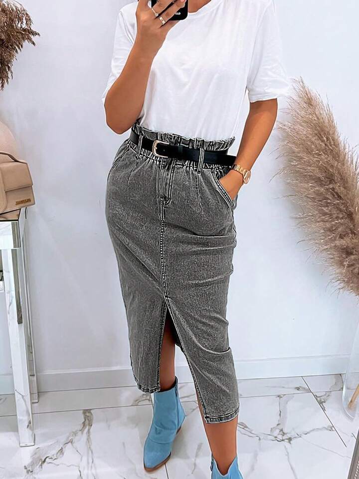 CM-BS244152 Women Casual Seoul Style Side Split Straight Pencil Skirt - Gray