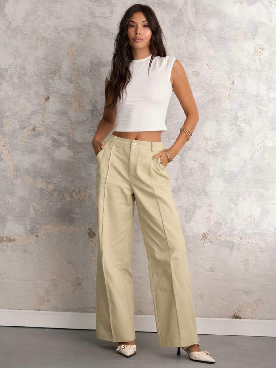 CM-BS760766 Women Casual Seoul Style Front Button Pocket Drop Waist Wide Leg Pants - Khaki