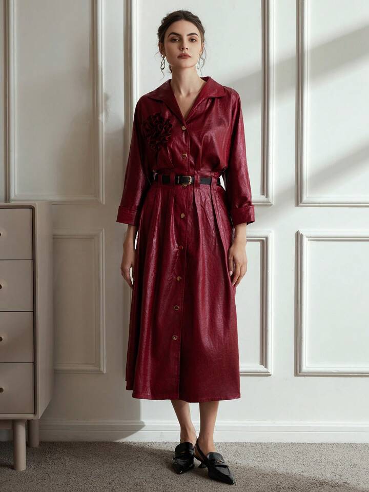 CM-DS128383 Women Elegant Seoul Style 3D Floral CollarMetallic Button Drop Shoulder Shiny Dress - Red