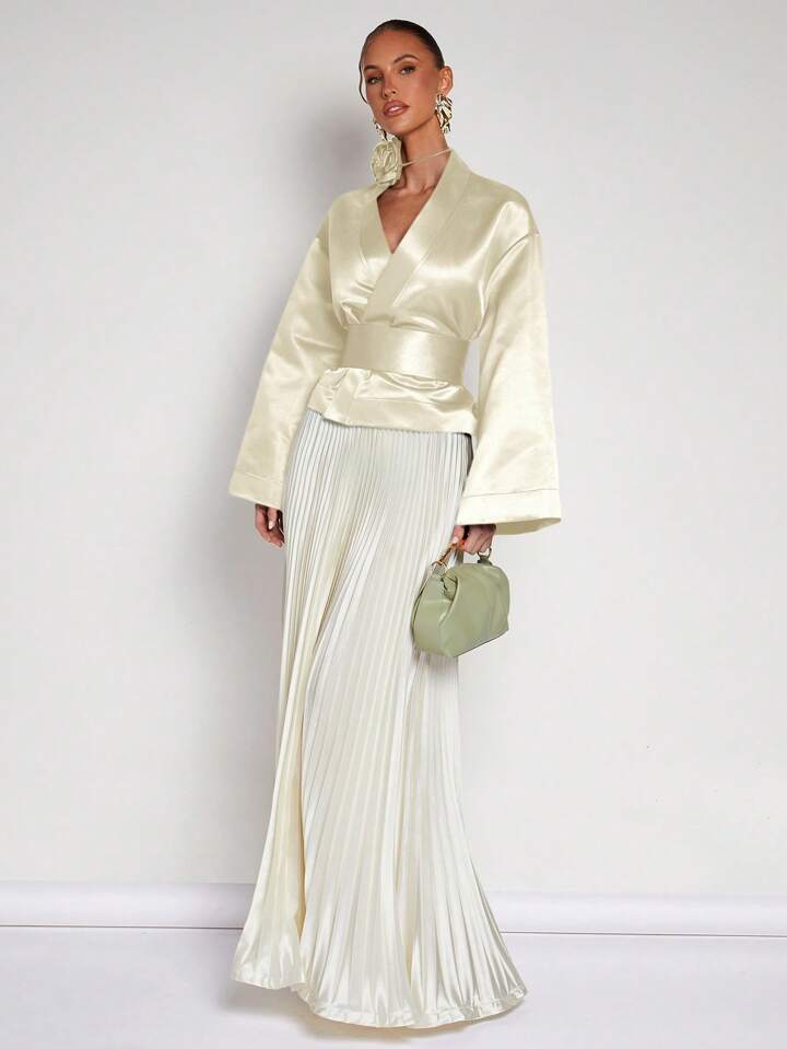 CM-TS832033 Women Elegant Seoul Style Solid Color V-Neck Wrap Flared Sleeve Blouse - Apricot