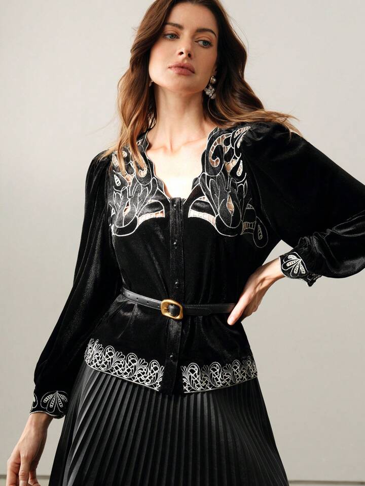 CM-TS192317 Women Elegant Seoul Style V-Neck Lantern Sleeve Velvet Hollow Embroidery Belted Blouse - Black