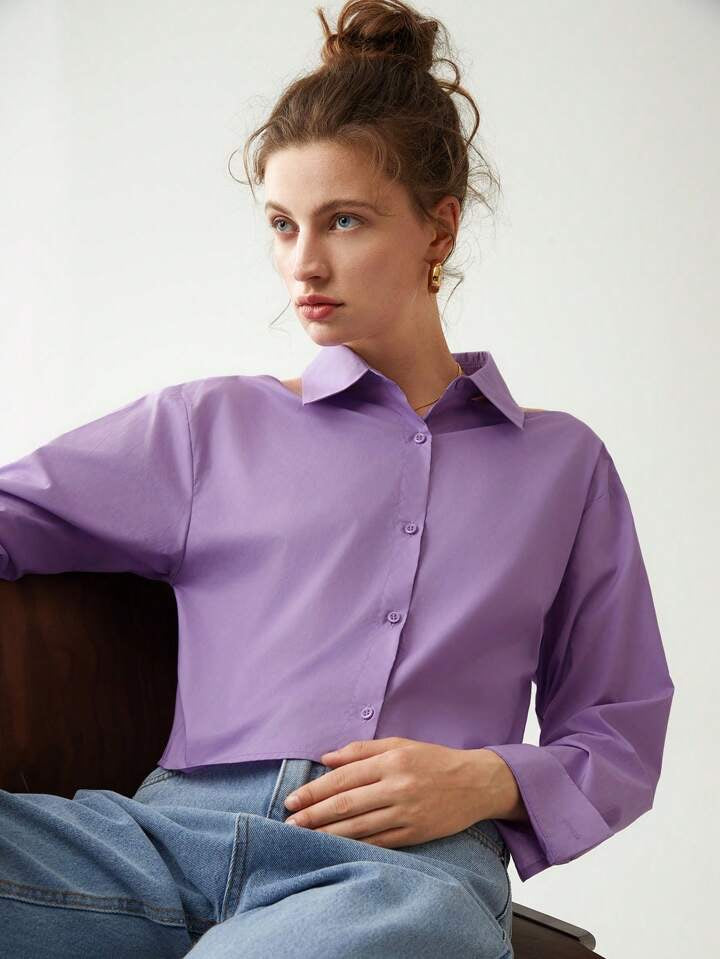 CM-TS048041 Women Casual Seoul Style Cut Out Shoulder Button Front Shirt - Purple