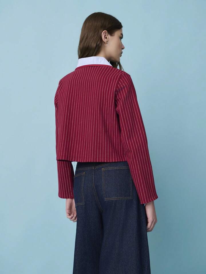 CM-CS486945 Women Casual Seoul Style Chinese Style Knotted Buttons Striped Long-Sleeve Fitted Jacket - Red