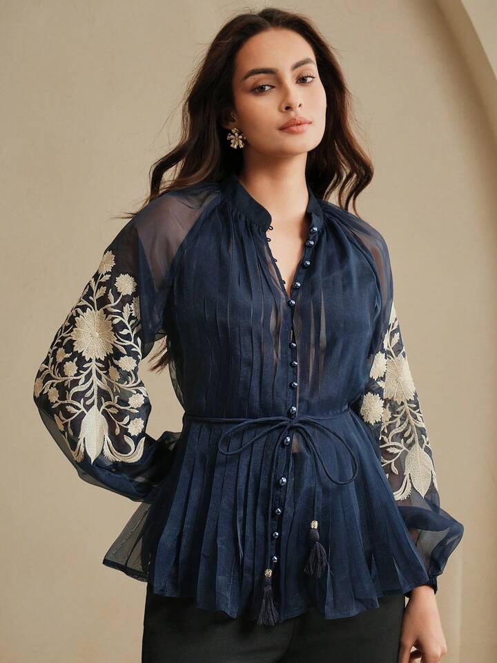 CM-TS591697 Women Elegant Seoul Style Stand Collar Long Sleeve Pleated Embroidered Tie Waist Blouse - Navy Blue