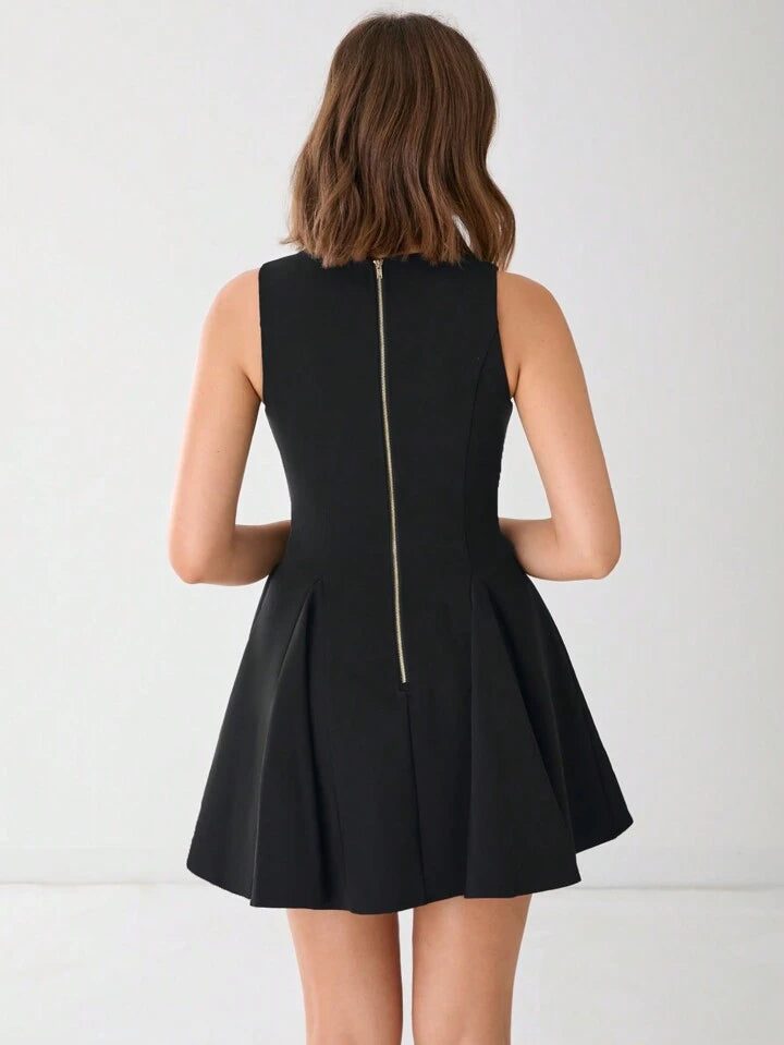 CM-DS860933 Women Elegant Seoul Style V-Neck Front Button Sleeveless A-Line Mini Dress - Black