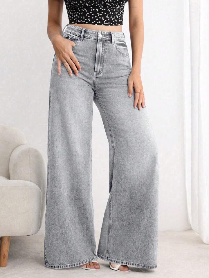 CM-BS639951 Women Elegant Seoul Style Button Front Pocket Loose Wide Leg Jeans - Light Gray