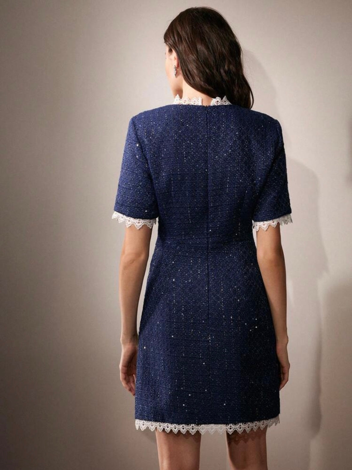 CM-DS959595 Women Elegant Seoul Style Lace Trim Button Decor Knee-Length Dress - Navy Blue