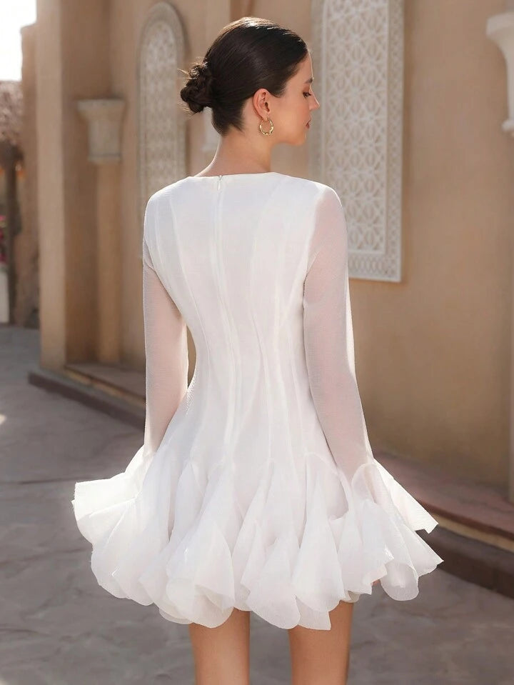 CM-DS966733 Women Elegant Seoul Style High-End Frilled Hem Flared Sleeve Short Dress