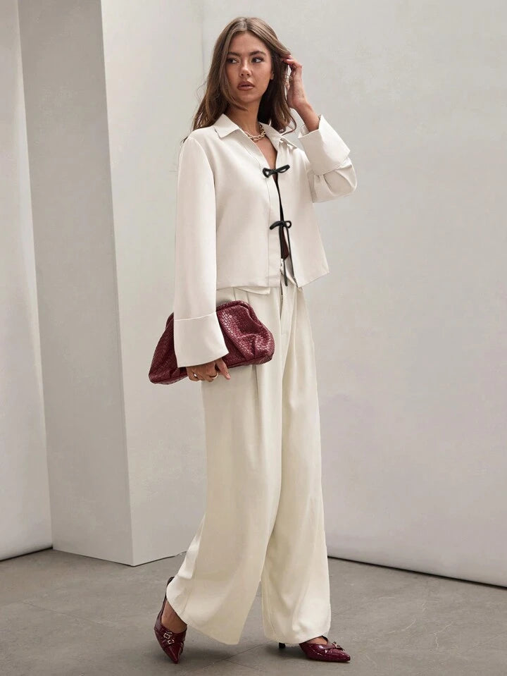 CM-TS523311 Women Trendy Bohemian Style Shirt Collar Front Tie Long Sleeve Shirt - Cream