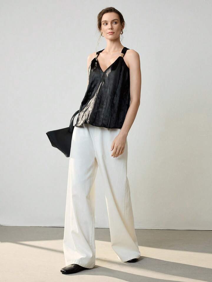CM-TS147642 Women Casual Seoul Style Pleated V-Neck Sleeveless Vest Top - Black