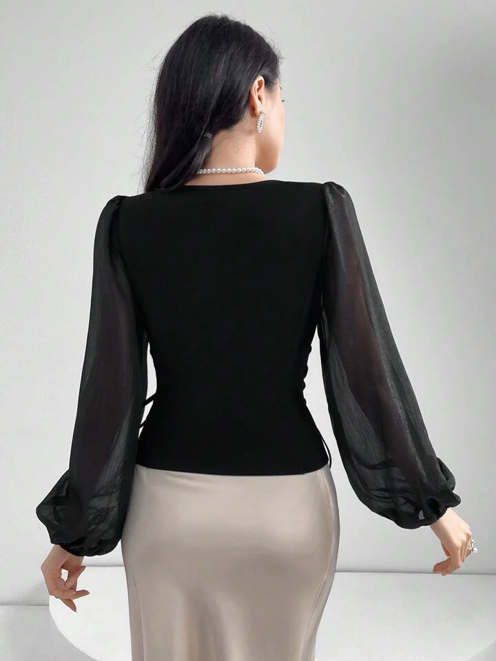 CM-TS854985 Women Elegant Seoul Style Sheer V-Neck Puff Lantern Sleeves Lace-Up Detail Blouse - Black