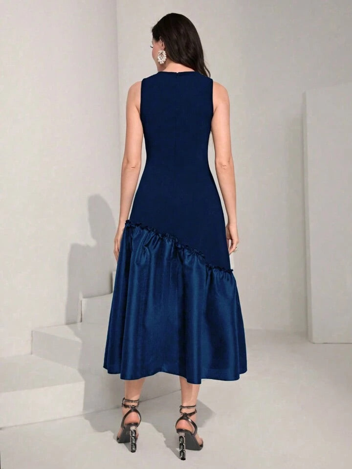 CM-DS710500 Women Elegant Seoul Style Sleeveless Pearls Beaded Ruffle Hem Dress - Royal Blue